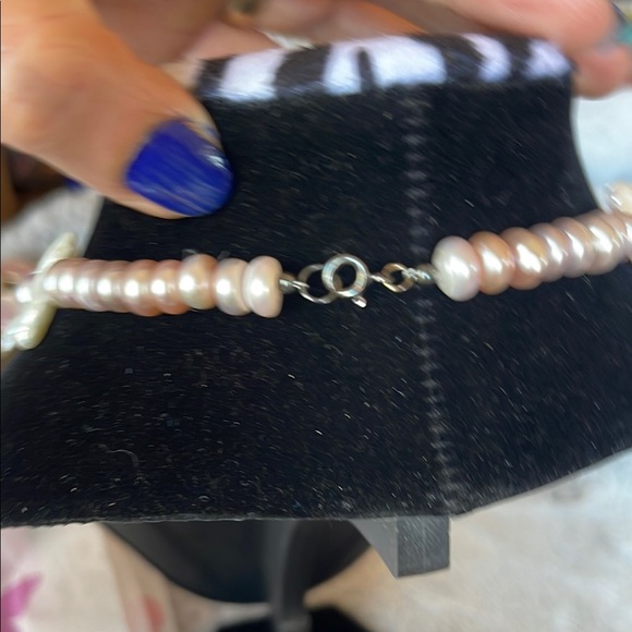 Pink and Cream Necklace with Iridescent Pendant - Picture 2 of 4